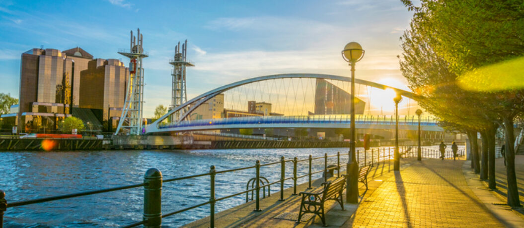 View of a footbridge in Salford quays in Manchester, England