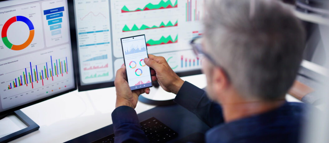 KPI Business Analytics Data Dashboard. Analyst Using Computer